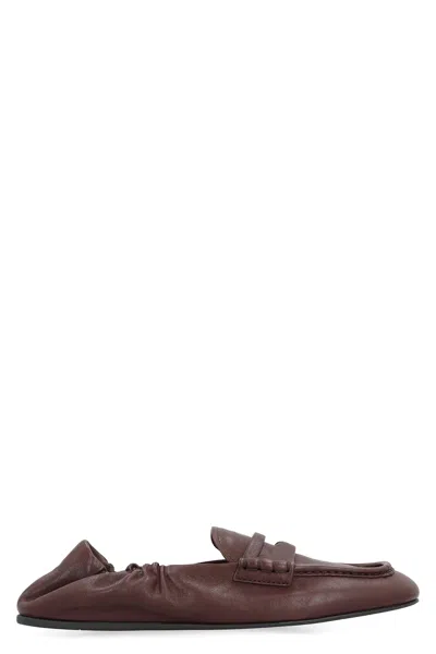Miu Miu Ruches Leather Loafers In Brown