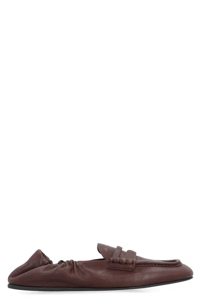 Miu Miu Ruches Leather Loafers In Brown