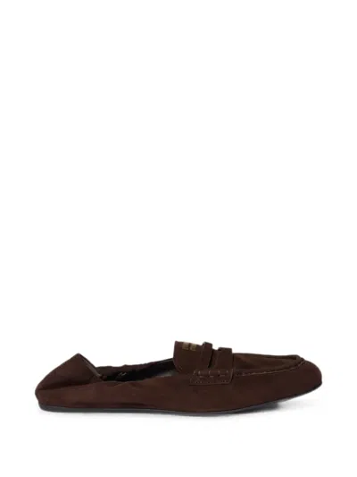 Miu Miu Suede Leather Loafers Flat Sole Round Toe In Brown