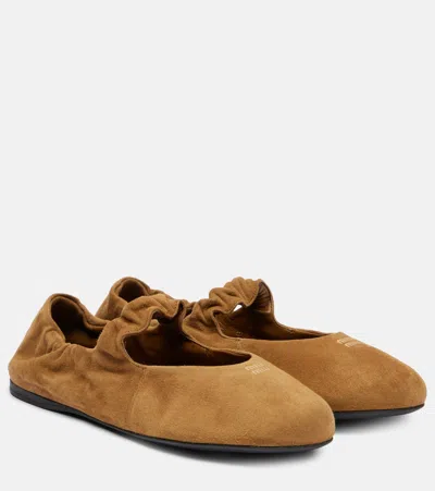 Miu Miu Ruches Suede Mary Jane Flats In Sand