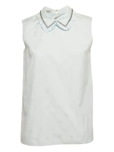 Pre-owned Miu Miu Ruffled Embellished-collar Top In White