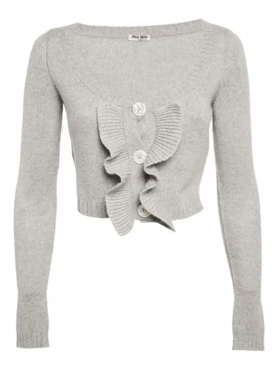 Pre-owned Miu Miu Ruffled Ribbed-knit Cardigan In Gray