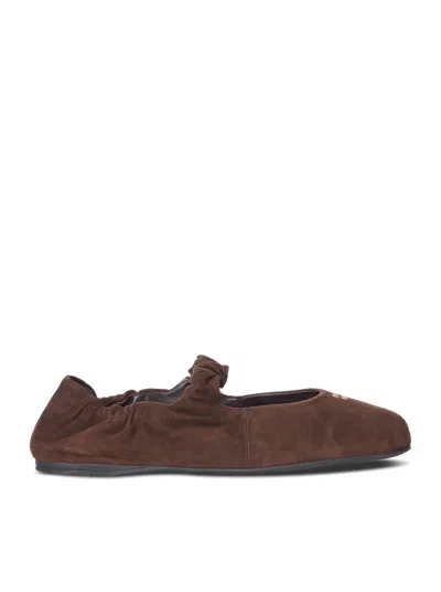 Miu Miu Ruffled Suede Ballerinas In Brown