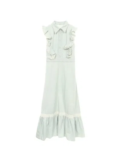 Pre-owned Miu Miu Ruffle-trim Lace-detail Dress In Blue
