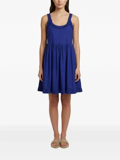 Pre-owned Miu Miu Ruffle-trim Poplin Mini Dress In Blue