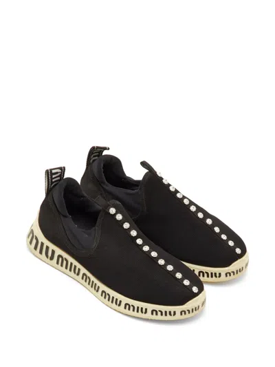 Pre-owned Miu Miu Run Crystal-embellished Sneakers In Black