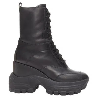 Pre-owned Miu Miu Runway Black Leather Logo Lace Up Chunky Wedged Military Boots Eu39