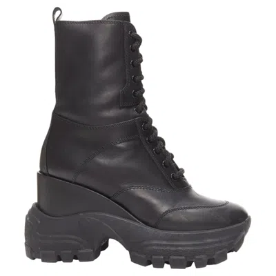 Pre-owned Miu Miu Runway Black Leather Logo Lace Up Chunky Wedged Military Boots Eu39