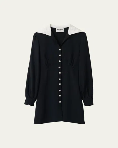 Miu Miu Sable Embossed Collar Flared Mini Dress In Nero