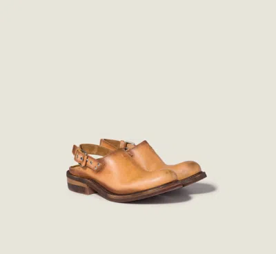 Miu Miu Camel Leather Foule Slippers In Brown