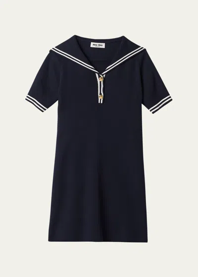 Miu Miu Sailor Collar Cotton Short-sleeve Mini Dress In F022x Blu Bianco