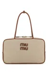 Miu Miu Sand Canvas Shoulder Bag In Brown