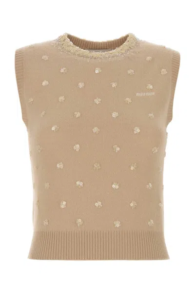Miu Miu Cashmere Vest Crew Neck Embellished Hem In Brown