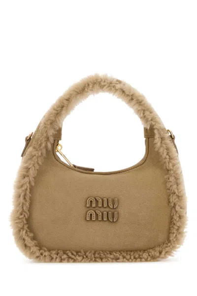 Miu Miu Sand Suede Handbag In Nude