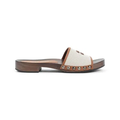 Miu Miu Canvas And Leather Studded Clog Sandals In Neutral