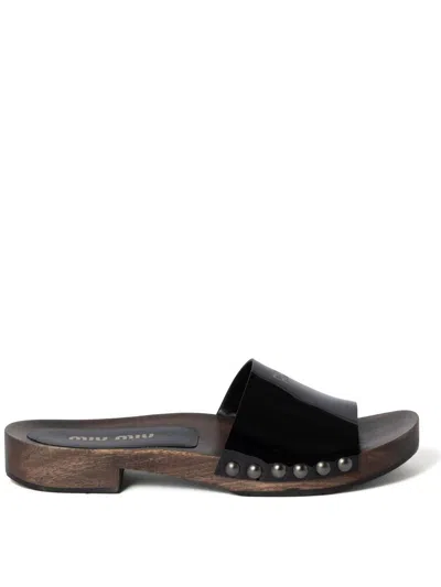 Miu Miu Open-toe Black Patent Sandals With Decorative Studs