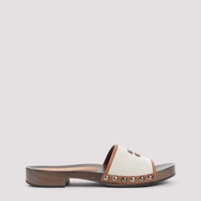 Miu Miu Canvas And Leather Studded Clog Sandals In Neutral