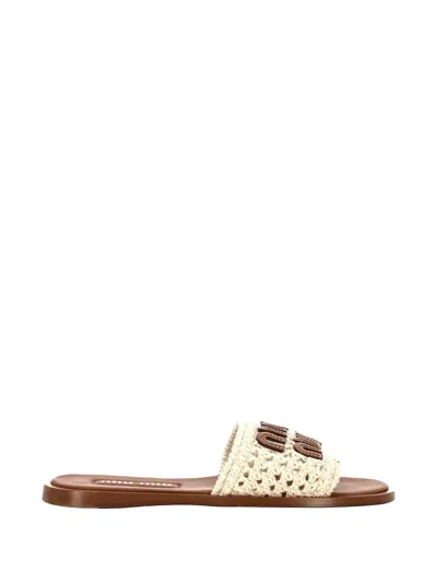 Miu Miu Leather Slides Open Toe Crochet Detail In White