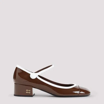 Miu Miu Bicolor Patent Leather Block-heel Mary Jane Pumps In Brown