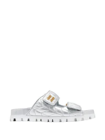 Miu Miu Quilted Double Strap Sandals In White