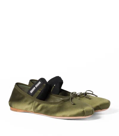 Miu Miu Satin Ballerinas In Olive Green