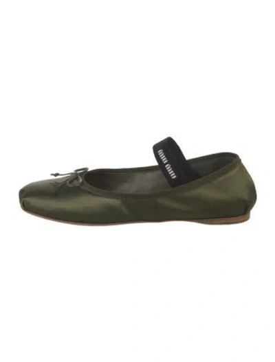 Pre-owned Miu Miu Satin Bow Accents Mary Jane Flats In Green