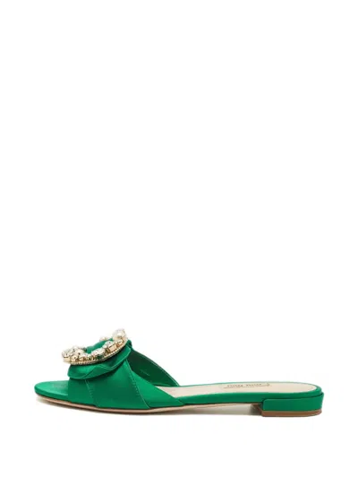Pre-owned Miu Miu Satin Crystal-embellished Flat Sandals In Green