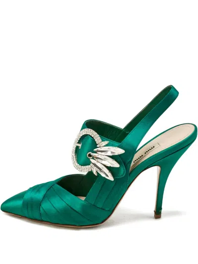 Pre-owned Miu Miu Satin Crystal-embellishment Pumps In Green