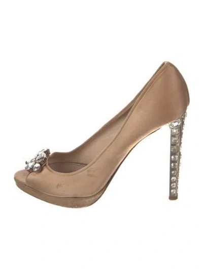Pre-owned Miu Miu Satin Crystal Embellishments Pumps In Neutral