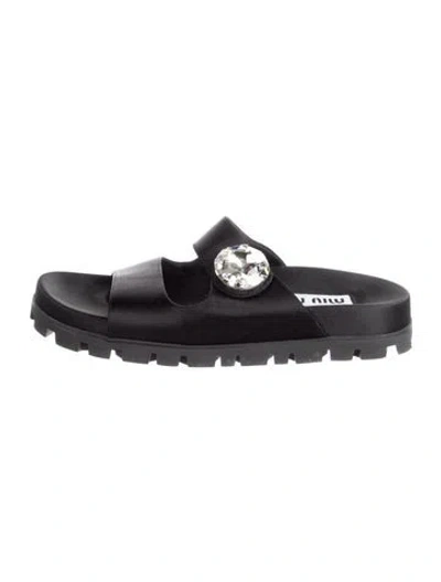 Pre-owned Miu Miu Satin Crystal Embellishments Slides In Black
