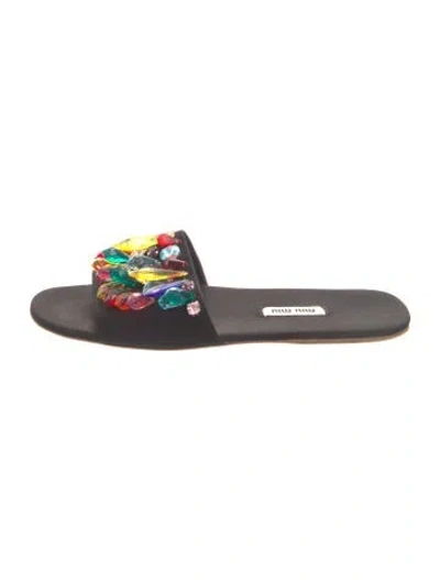 Pre-owned Miu Miu Satin Crystal Embellishments Slides In Black