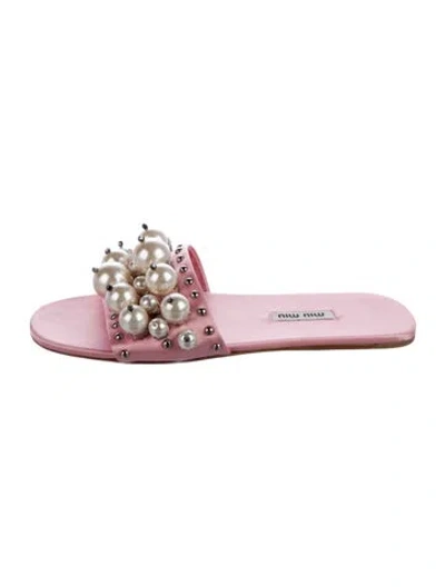 Pre-owned Miu Miu Satin Crystal Embellishments Slides In Pink