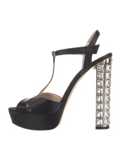 Pre-owned Miu Miu Satin Crystal Embellishments T-strap Pumps In Black