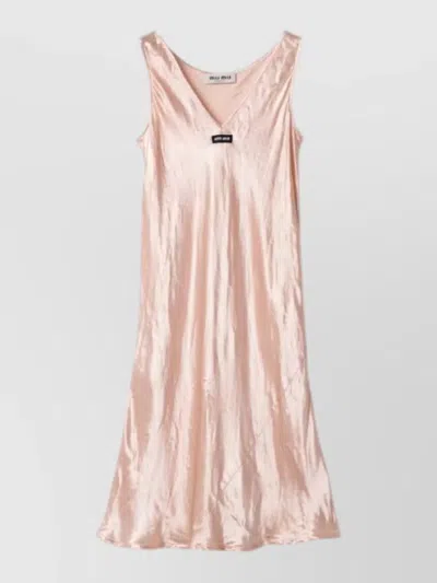 Miu Miu Satin Midi Dress Washed Finish V Neckline In Pink