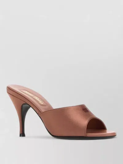 Miu Miu Satin Peep Toe Stiletto Heel Mules In Brown