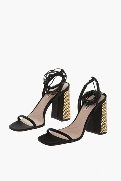 Miu Miu Satin Square Heel Sandals With Rhinestone Embellishment In Black