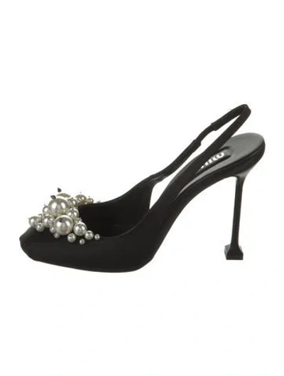 Pre-owned Miu Miu Satin Studded Accents Slingback Pumps In Black