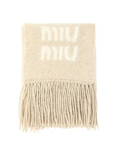 Miu Miu Scarf With Contrasting Logo In Neutral