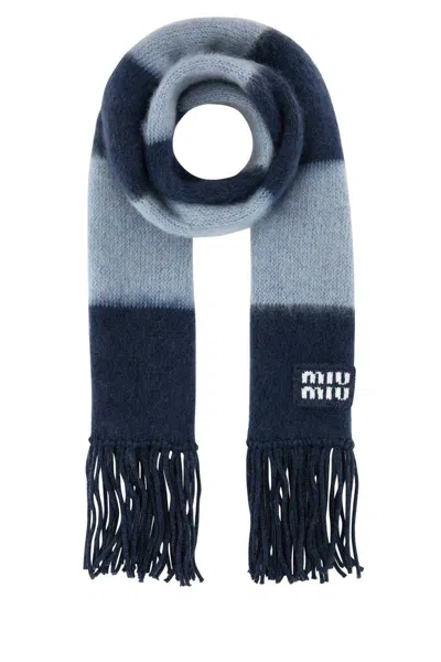 Miu Miu Mohair Blend Scarf With Embroidered Stripes And Fringe In Blue