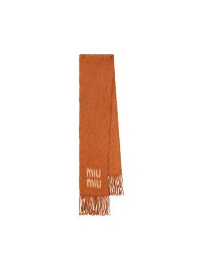 Miu Miu Rust Mohair-blend Scarf With Logo In Brown