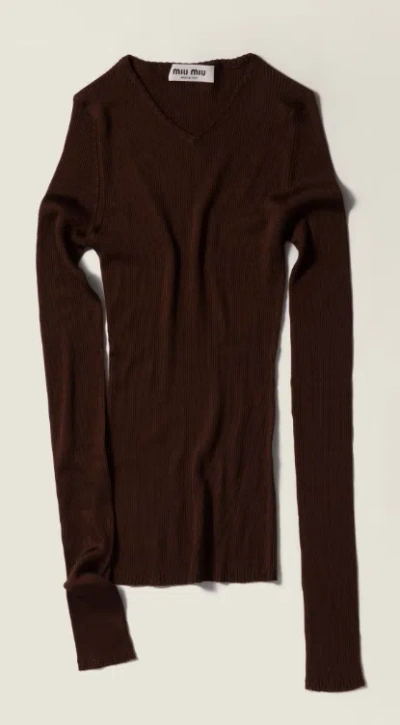 Miu Miu Scollo V Silk Ribs F.21 In Brown