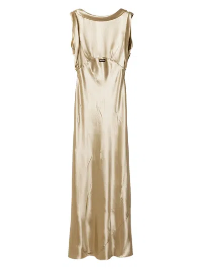 Miu Miu Scoop-back Satin-effect Maxi Dress In Gold