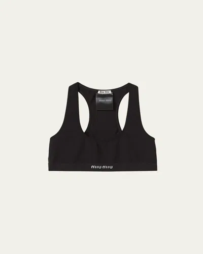 Miu Miu Seamless Jacquard Logo Cropped Top In Nero