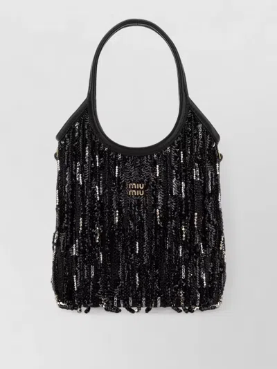 Miu Miu Sequin Fabric Shoulder Bag Top Handle In Black