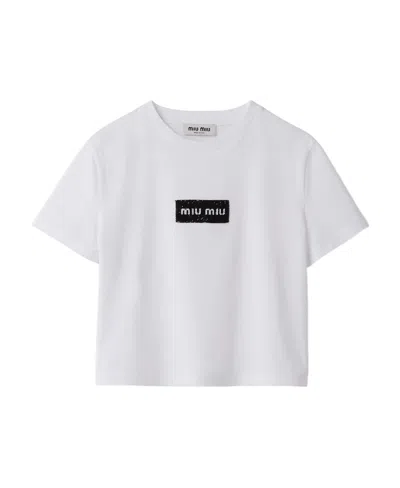 Miu Miu Sequin-logo Cotton T-shirt In White