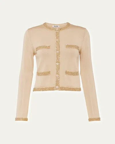 Miu Miu Sequined Silk Cropped Cardigan In Crema