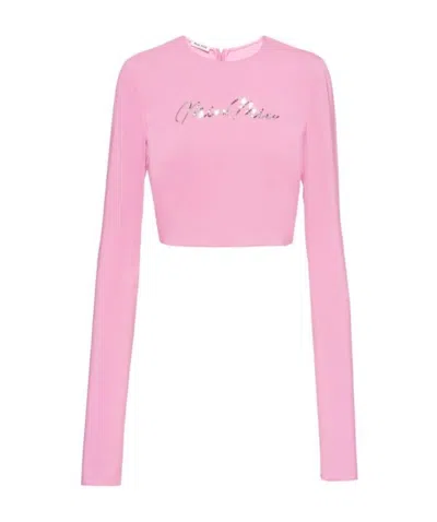 Miu Miu Sequinned-logo Georgette Cropped Top In Pink