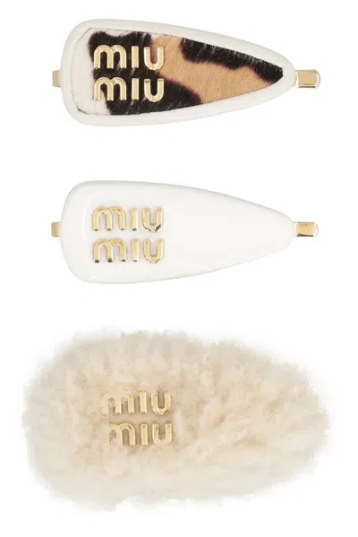 Miu Miu Set Of Three Logo Plaque Hairpin In Multi