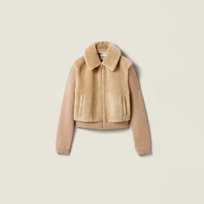 Miu Miu Shearling And Knit Blouson Jacket In Brown
