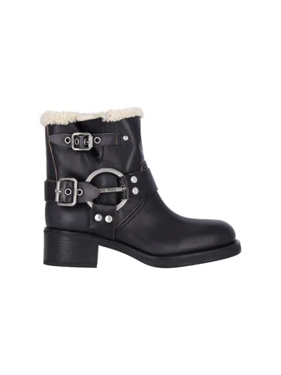 Miu Miu Shearling Biker Boots In Black